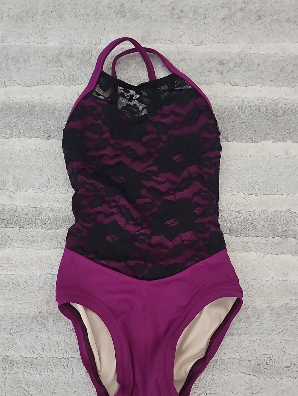Girls Magenta Lace One-Piece Leotard with Black Overlay